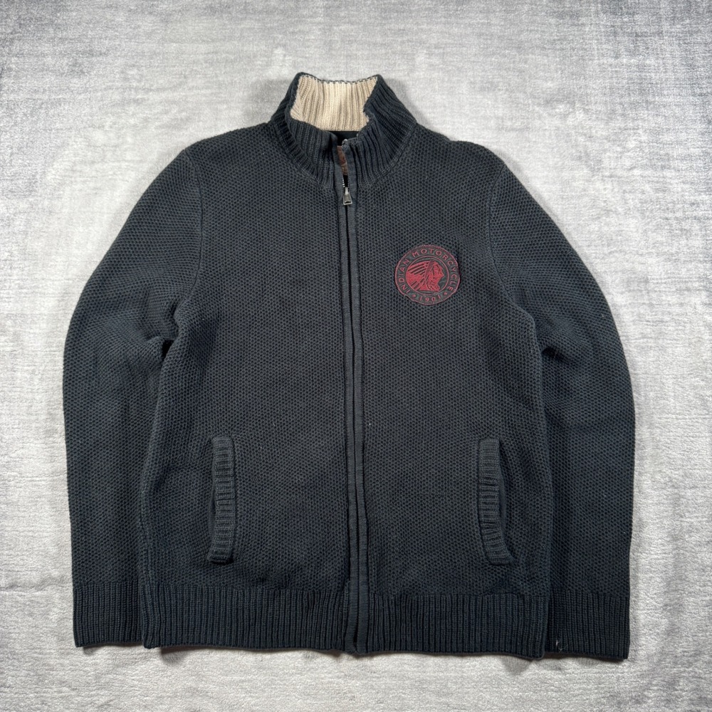 Indian Motorcycle Sweater Mens Medium Black Lucky Brand Zip Up Biker Waffle Knit